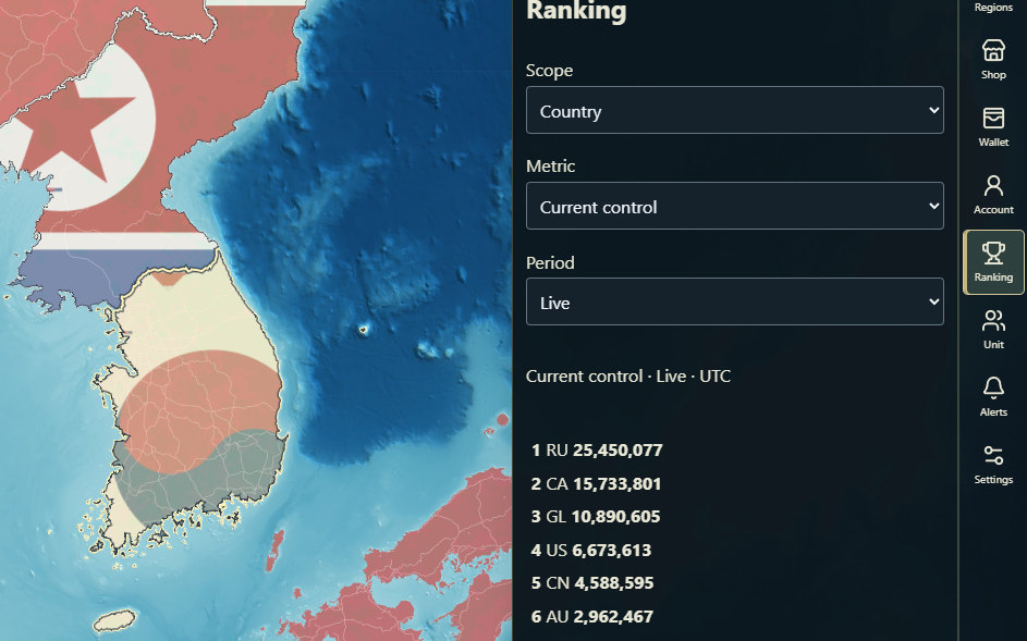 Ranking panel listing countries by cells controlled